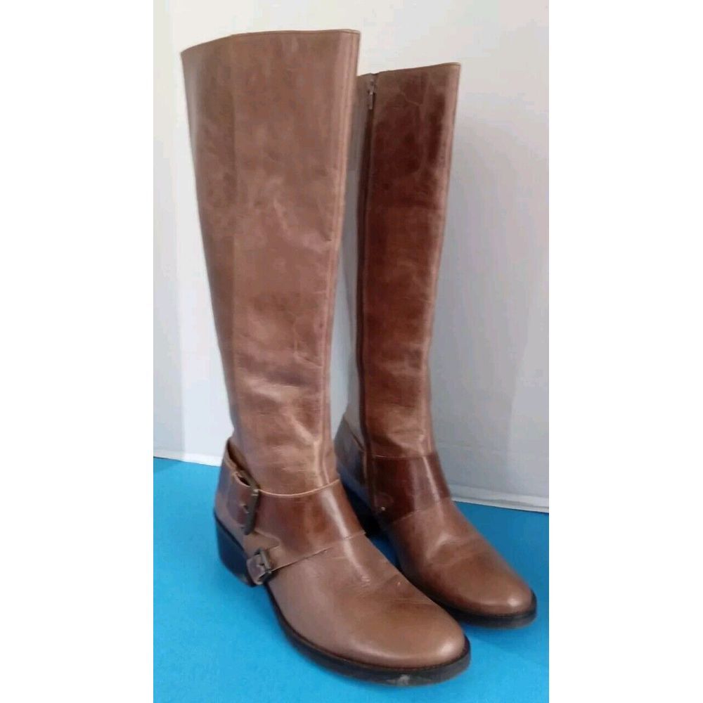 Classic Brown Leather Knee-High Riding Boots with Buckle Detail